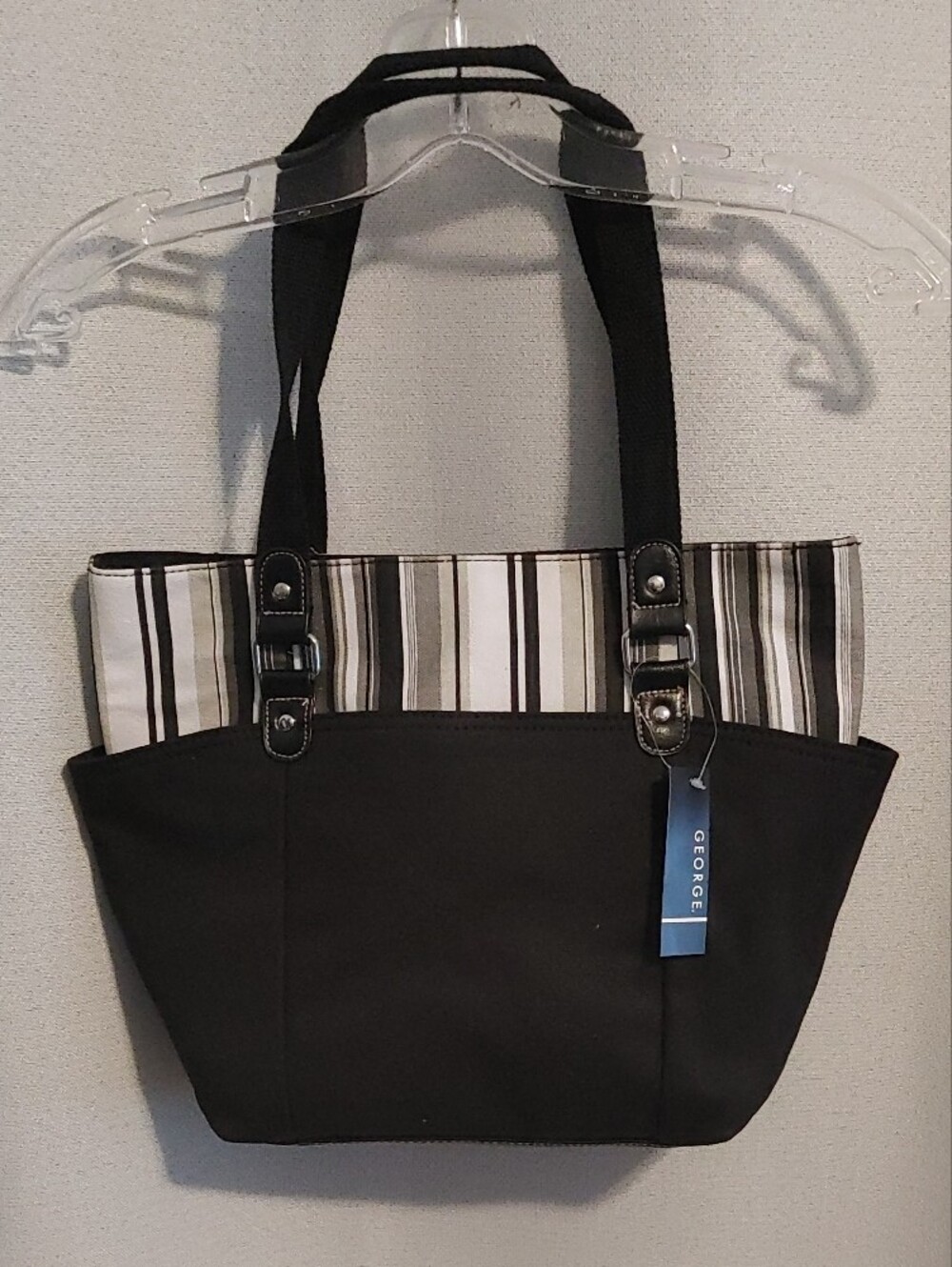 (4/$20) George Black Canvas Tote with Striped Accents, Inside Zipped Pocket